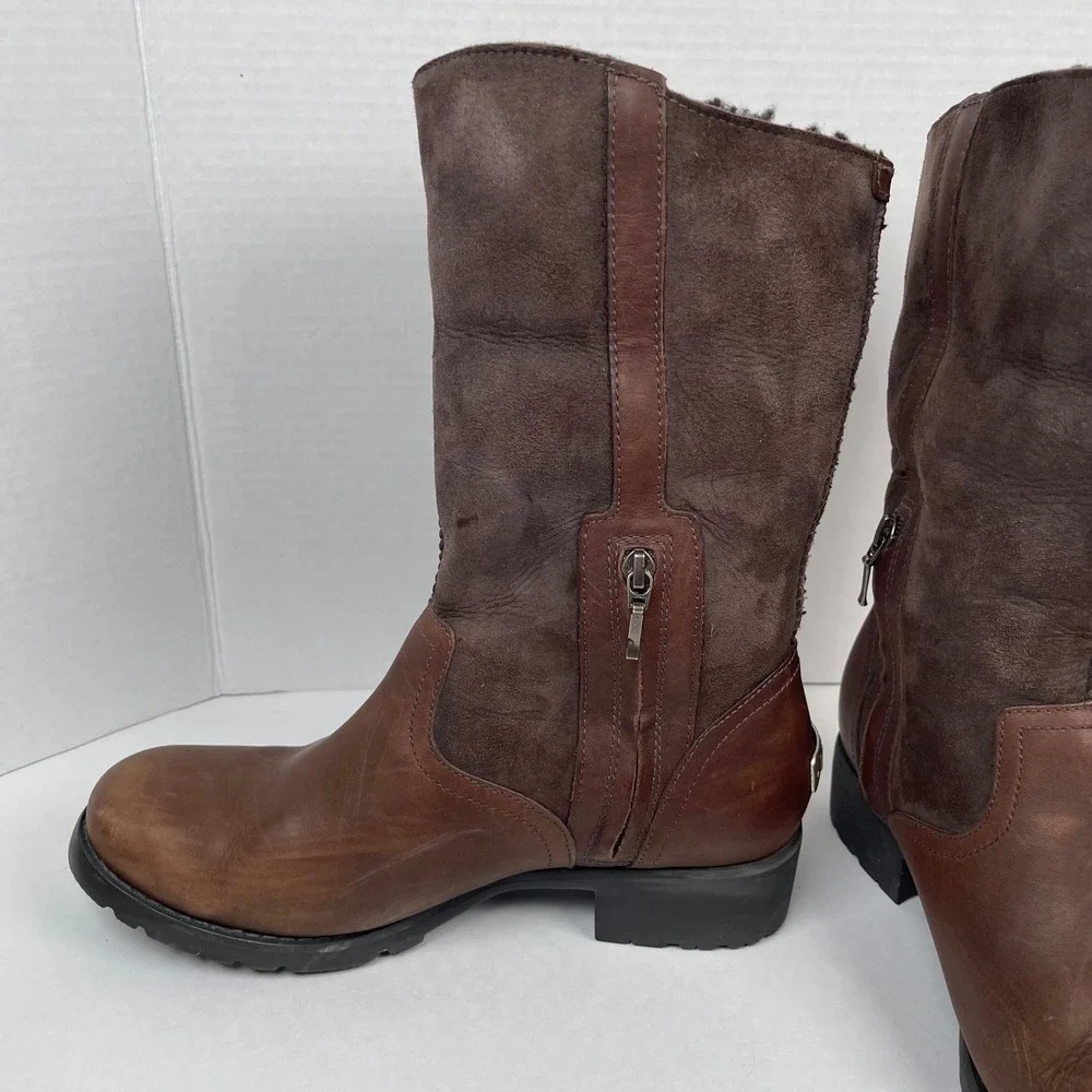 UGG Australia Bellevue Moto Boots Women 9.5 Brown Leather Suede Shearling Biker